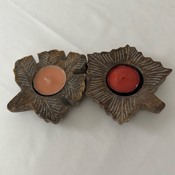 Hand Carved Stone Maple Leaf Tea light Holders set of 2 - Picture 2 of 12